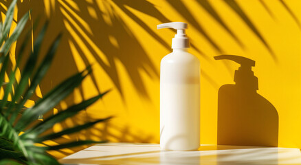 Stylish White Lotion Bottle Casting Shadows Against Bright Yellow Background
