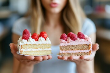 Saying no to sweets during a diet, woman rejecting a piece of cake, showing determination to maintain a healthy lifestyle, Generative AI