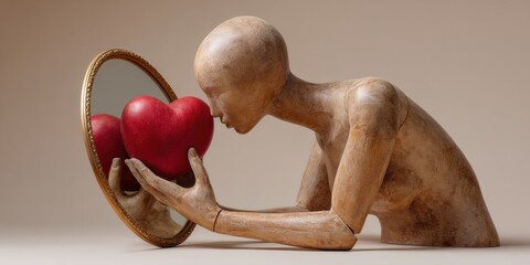 Premium National Compliment Your Mirror Day Wooden Mannequin Holding Heart Authentic Self-Love Reflection for Winter Wellness Campaigns and Black Friday Marketing