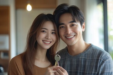 Relocation and beginning a new life, Asian couple proudly showing the keys to their new apartment after purchasing and moving into their new home, Generative AI
