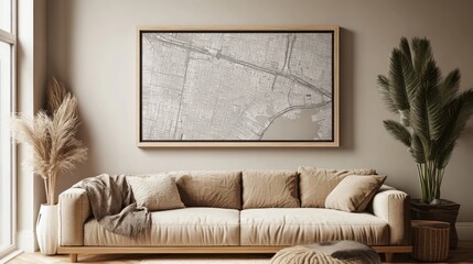 Neutral room with framed aerial map, beige sofa, pampas grass, and soft light