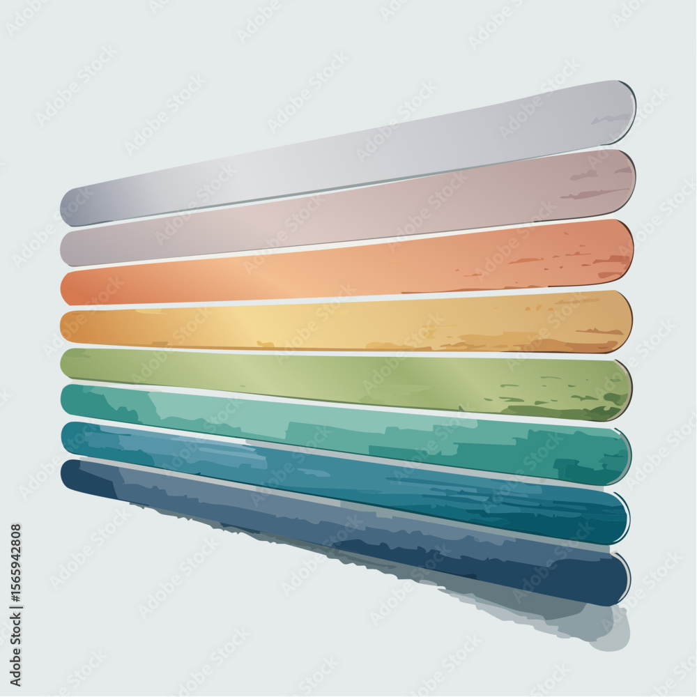Poster a clean vector flat lay showing 10 long rectangular swatches in a tropical beach palette, stacked ve