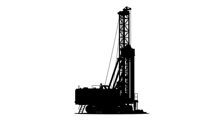 Silhouette of a large industrial drilling rig, tall structure, powerful machinery, extraction equipment.
