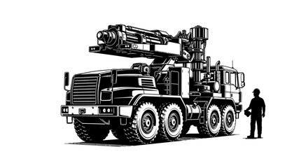 A black and white illustration of a large military vehicle with a crane-like arm, and a lone figure standing nearby.