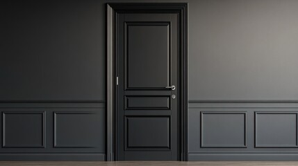 Interior shot of a dark, panelled room featuring a closed, classic framed door