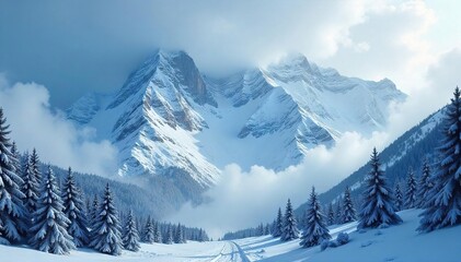 Obraz premium A majestic mountain range shrouded in a heavy snowstorm, with swirling snow obscuring the peaks and creating a dramatic, winter wonderland scene , snow, range