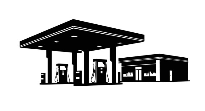 Simple black and white illustration of a gas station with pumps and a small convenience store.