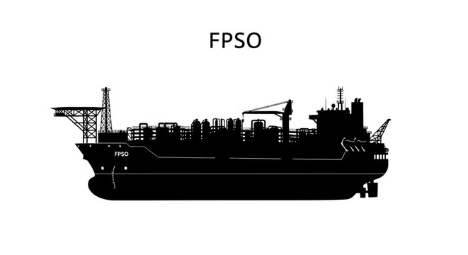 Silhouette of an FPSO (Floating Production Storage and Offloading) vessel, showing its side profile with various deck structures and equipment.