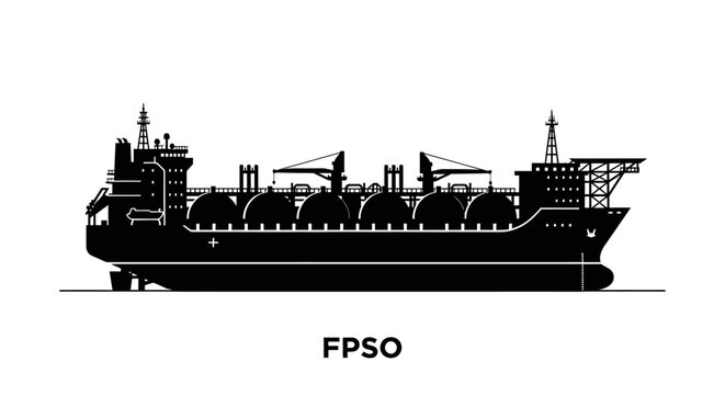 Silhouette of a floating production storage and offloading (FPSO) vessel, showcasing its structure and storage tanks.