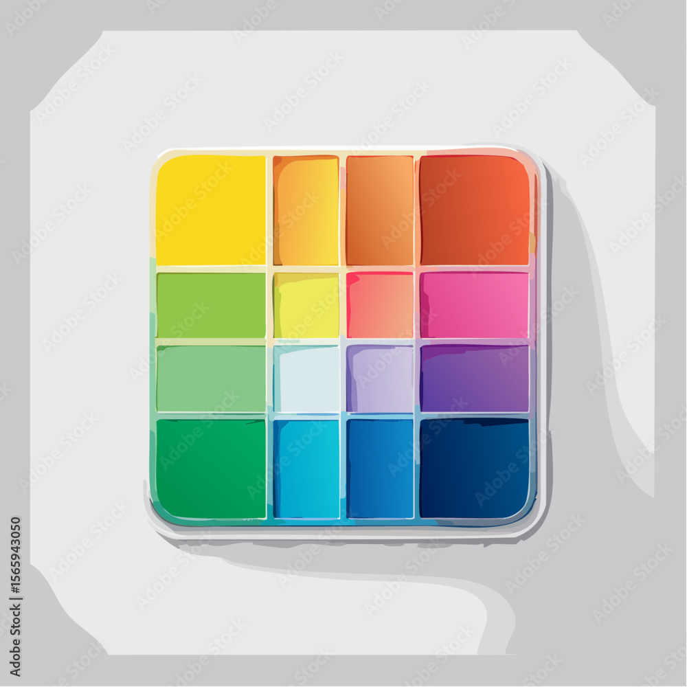 Poster a vector flat lay featuring square color swatches in a neon pop palette, neatly arranged in a 3x2 gr