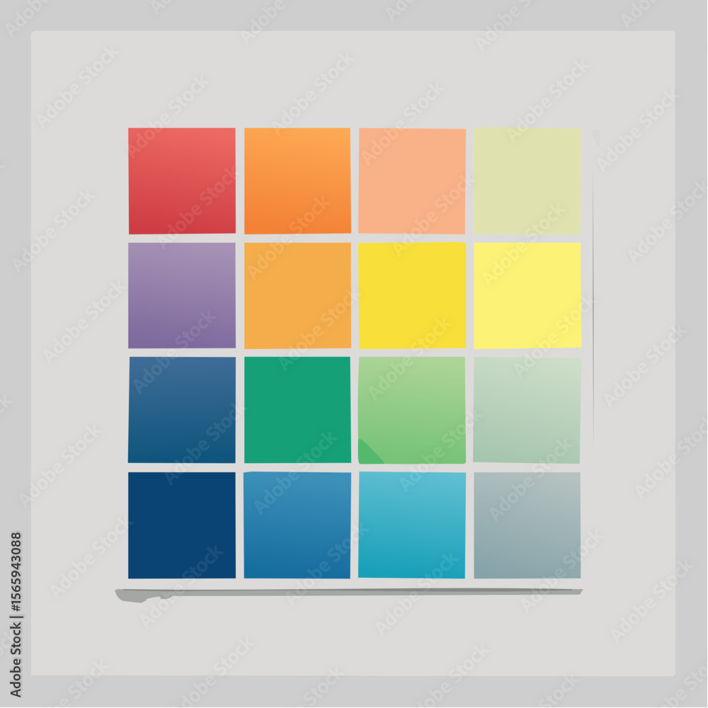 Poster a vector flat lay featuring square color swatches in a neon pop palette, neatly arranged in a 3x2 gr