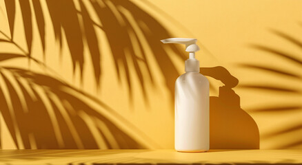Elegant White Lotion Pump Bottle Casting Shadows on Warm Yellow Background