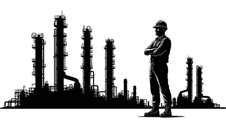 Silhouette of a worker in safety gear standing in front of a refinery or industrial plant.