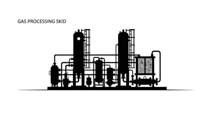 Silhouette of a gas processing plant, showing various interconnected equipment.