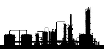 Obraz premium Silhouette of an industrial oil refinery complex against a white background.