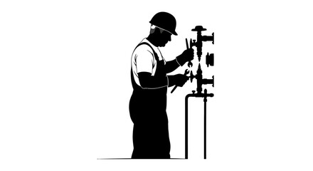 Silhouette of a worker in overalls fixing pipes with tools, focused.