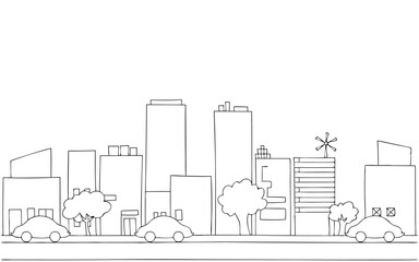 Black and White Line Drawing of Cityscape with Cars, Trees, and Buildings Silhouette Outline