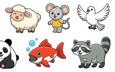 Cartoon Animal Collection Sheep, Mouse, Dove, Panda, Piranha Fish, and Raccoon Illustration