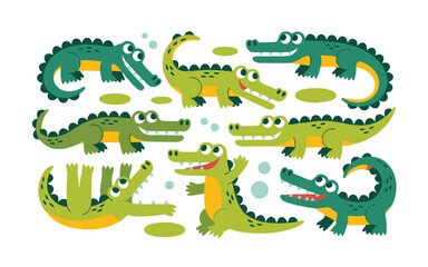 Cartoon Alligators Playful Green Reptile Characters with Big Eyes in Various Poses on White