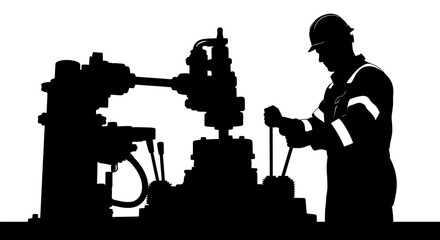 Naklejka premium Silhouette of a worker in uniform operating industrial machinery with levers and pipes, set against a white background.