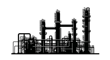 A stylized black and white illustration of an industrial refinery complex, showcasing tall distillation columns and intricate pipework.