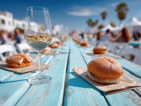 Thirsty Thursday Outdoor Food Festival with Gourmet Burgers and Wine Glass in Summer Coastal Style for Millennial Social Events and Marketing Campaigns