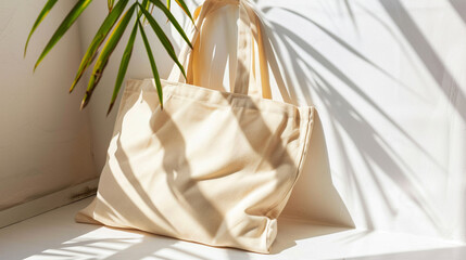 Stylish Canvas Tote Bag with Natural Light and Shadows in Minimalist Setting