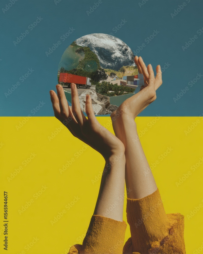 Poster Modern Operations Hub hands cradling connected globe with logistics data and transportation routes symbolizing global supply chain management and integration