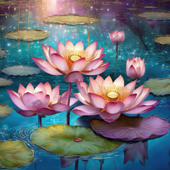 Ethereal Chrome Lotus Pond in Stencil Art Style