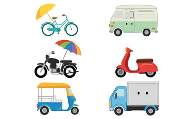 Cartoon Transportation Vehicles Bicycle, Motorcycle, Van, Scooter, TukTuk, and Truck with Umbrellas