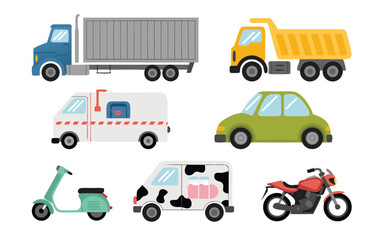 Cartoon Vehicle Set Blue SemiTruck, Yellow Dump Truck, Green Car, Delivery Vans and Red Motorcycle