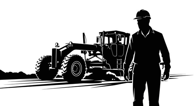 Silhouette of a construction worker beside a road grader, suggesting heavy machinery operation.