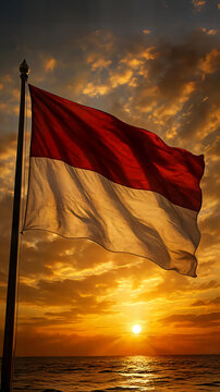 Majestic Indonesian Flag Waving in a Dramatic Sunrise Sky.