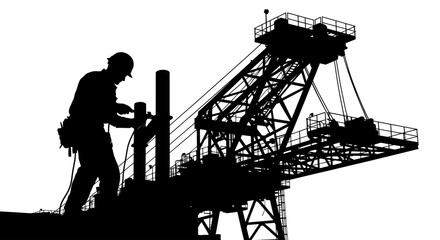 Silhouette of a construction worker operating machinery at a site.