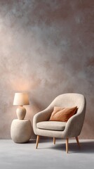 Modern Minimalist Armchair with Warm Lamp Lighting in Textured Wall Interior Premium Authentic Lifestyle Content for Millennial Home Design Marketing