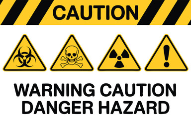Obraz premium Caution Sign Featuring Biohazard, Skull, Radioactive, and Exclamation Point Warning Symbols, Yellow and Black Stripes