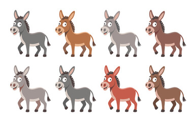 Fototapeta premium Collection of Cartoon Donkey Illustrations in Various Colors, Isolated on White Background