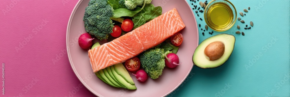 Poster Overhead View of Nutrient-Rich Salmon Avocado Plate with Broccoli and Nuts on Colorful Background for Healthy Anti-Inflammatory Wellness Content