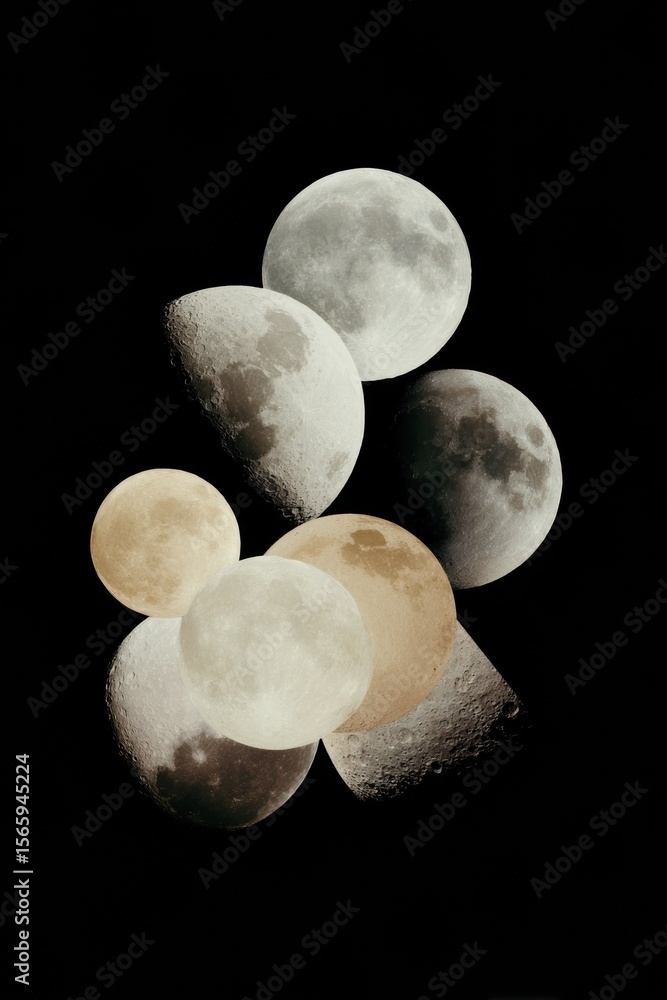 Poster lunar phases collage in mosaic style featuring moon transitions and space imagery for astronomy bran