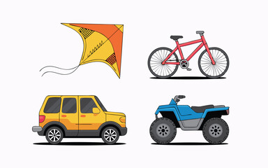 Naklejka premium Colorful Cartoon Vehicles and Toy Kite, Bicycle, Yellow Car, Blue ATV Illustration