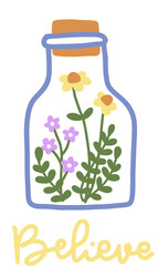 hand drawn vector illustration of flowers and plants inside a glass bottle