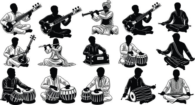 Captivating monochrome artwork showcases traditional Indian musicians playing sitar, tabla, flute and other cultural instruments.