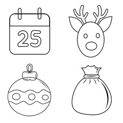 A diverse set of minimalist outline Christmas icons: calendar, bauble, bell, and present. Perfect for clean, versatile holiday design projects and digital assets.