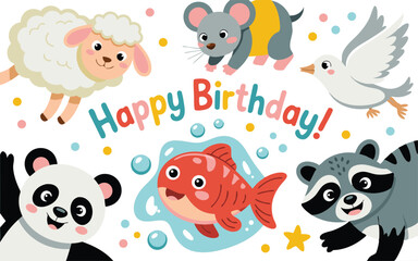Cute Cartoon Animals Celebrating a Colorful Happy Birthday Illustration With Panda, Sheep, Fish, and Friends