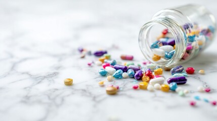 Colorful Pills Scattered on Marble Surface with Blurred Medicine Bottle in Close-Up