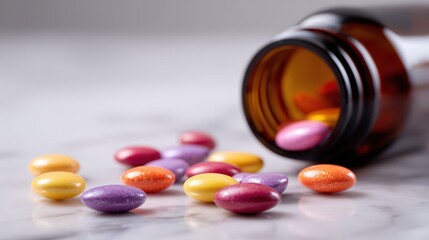 Colorful Pills Scattered on Marble Surface with Blurred Medicine Bottle in Close-Up