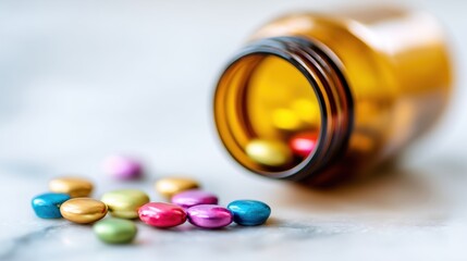 Colorful Pills Scattered on Marble Surface with Blurred Medicine Bottle in Close-Up