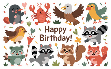 Obraz premium Happy Birthday Greeting Card with Mole, Lobster, Eagle, Birds, and Smiling Raccoons and Squirrels