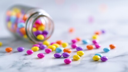 Colorful Pills Scattered on Marble Surface with Blurred Medicine Bottle in Close-Up
