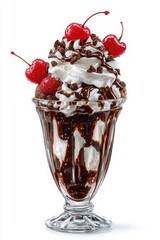 Delicious ice cream sundae with whipped cream, fresh cherries, chocolate sauce, and chocolate chips in a glass dish on a white background